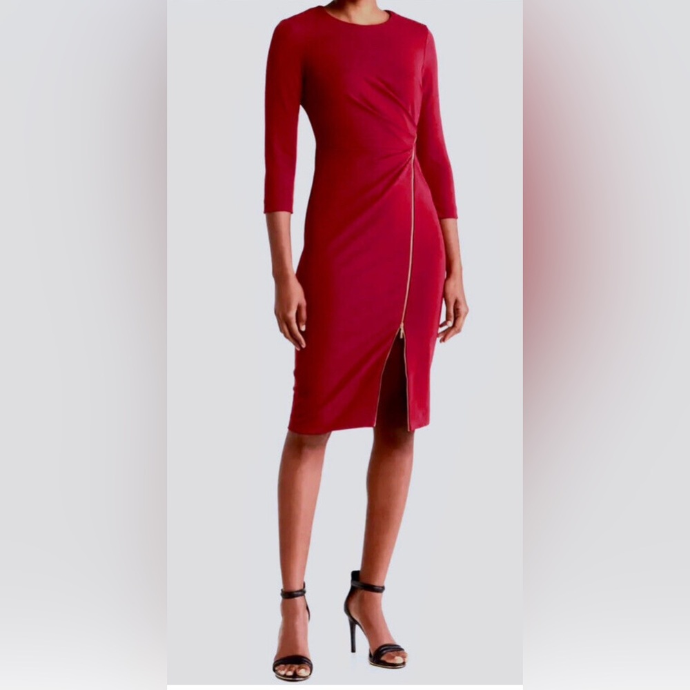 Calvin Klein Women’s 3/4 Sleeve Red Sparkly Cocktail Midi Dress Size 2